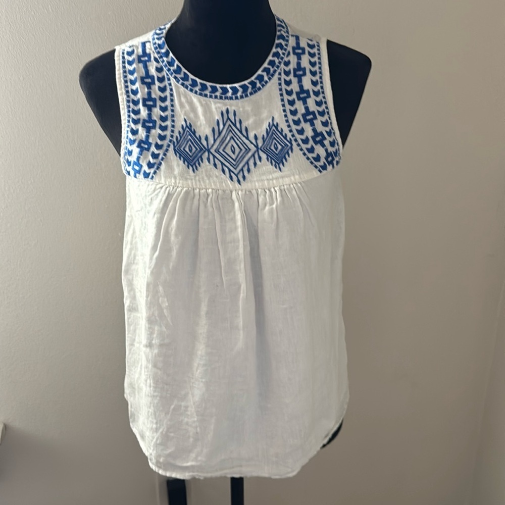 J Crew white linen sleeveless blue embroidered Boho top blouse Sz 00
